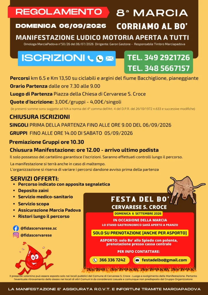 8ª marcia amatoriale il 6 settembre a Cervarese S. Croce: percorsi, orari e iscrizioni.